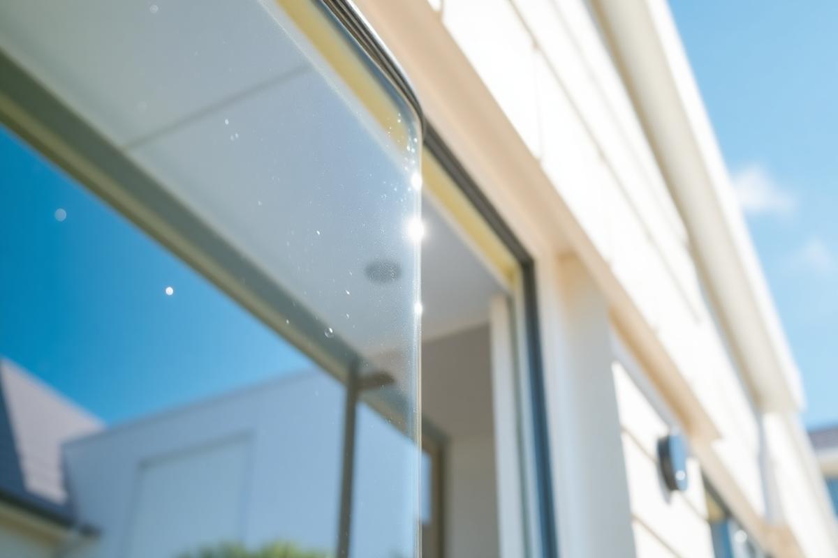 Crystal clear windows reflecting a bright blue sky
